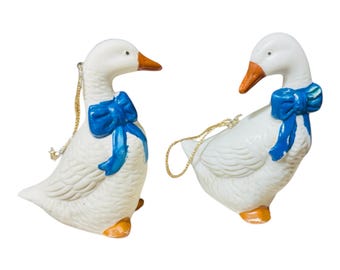 Vintage Blue Bow Goose Figurines Set – 1980s Country Farmhouse Christmas Decor, Grandmacore Cottagecore Holiday Ornaments