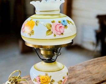 Vintage Hand-Painted Milk Glass Hurricane Table Lamp | Floral Roses | Brass Base | Cottagecore Victorian Décor
