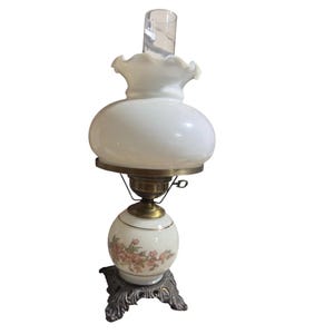 Vintage Floral Milk Glass Lamp Hurricane Gone with the Wind Style Parlor table lamp