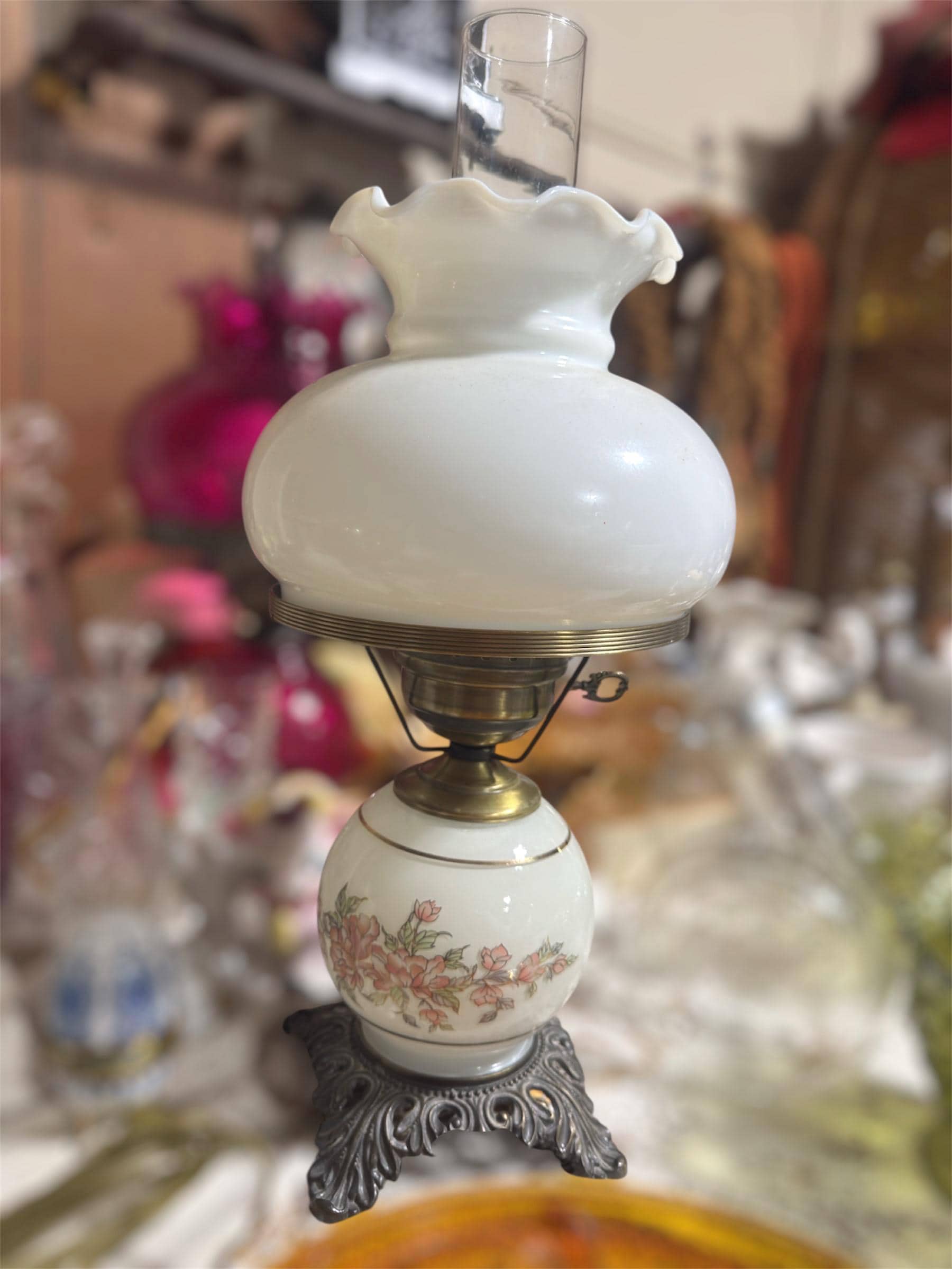 Vintage Electric Hurricane Lamp, Milk Glass Shade Floral Base