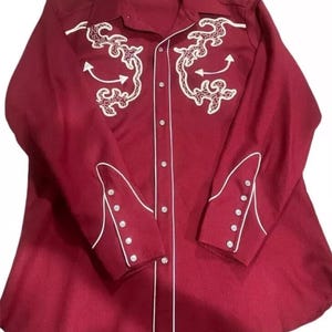 Vintage H bar C California ranch wear western maroon red Pearl button down snap shirt men’s rodeo wear