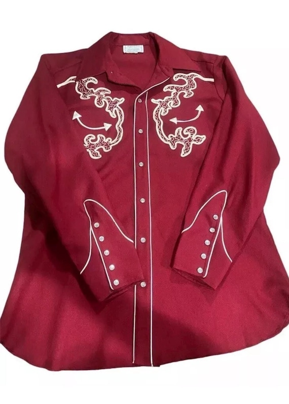 Vintage H bar C California ranch wear western maroon red Pearl button down snap shirt men’s rodeo wear