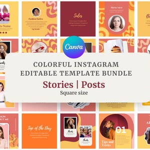 Puede incluir: Una colección de plantillas de historias y publicaciones de Instagram coloridas con formas abstractas y superposiciones de texto. Las plantillas presentan una variedad de diseños, que incluyen un zapato, una cara de mujer, una pila de panqueques y un par de zapatillas. El texto en las plantillas incluye "Sales", "Best review", "Fashion fastive", "Products Name", "Thanks", "50% off", "Know about me", "Top of the Day", "Tips and Tricks", "01" y "Canva".