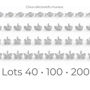 May include: Rows of silver decorative wall studs in fish, heart, flower, and butterfly shapes. The text "Clous décoratifs muraux" is at the top. The text "Lots 40 • 100 • 200" is at the bottom.