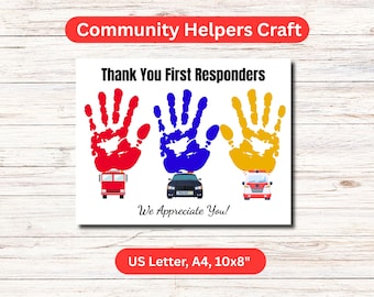 First Responders Handprint Thank You Craft, Community Helpers Firefighter Police Ambulance Printable Art, Preschool Toddlers Kids Activities