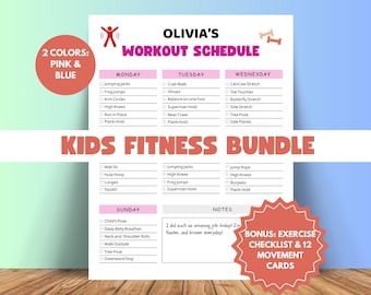 Imprimible de fitness para niños, programa de entrenamiento y lista de ejercicios, paquete de seguimiento de actividad física con tarjetas de movimiento, tarjetas de ejercicios para niños