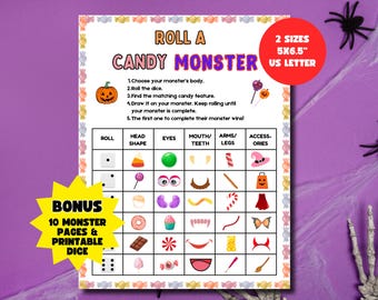 Halloween dice roll game printable for game night, Roll a monster dice game for kids, Build a monster candy dice game, Preschool activity