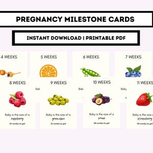 Cartes imprimables des jalons de la grossesse, cartes hebdomadaires au format bébé pour faire-part de grossesse, fruits et légumes pour suivre la croissance de bébé