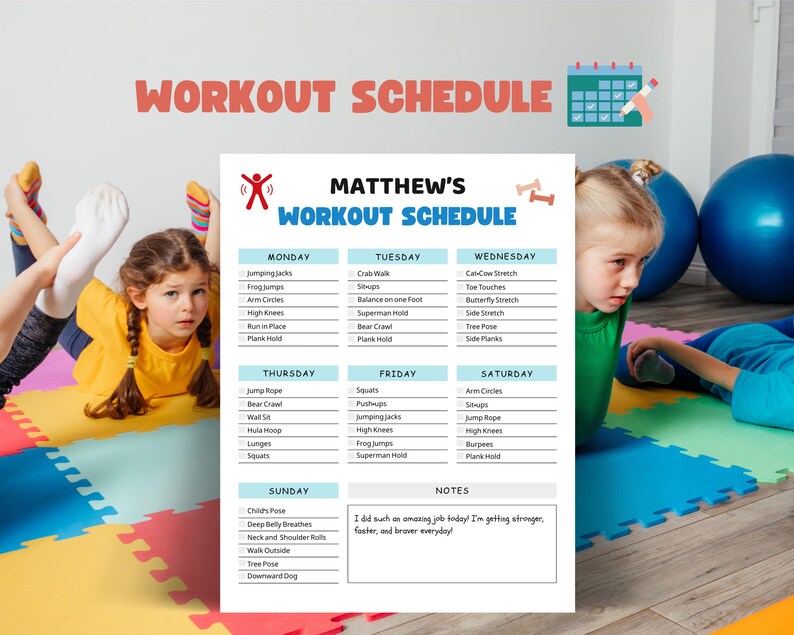 Kids Fitness Printable, Kids Workout Schedule & Exercise Checklist ...