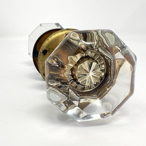 Vintage Glass 8 Point Door Knob Set With Brass Fittings Rosettes - 1900s Salvage