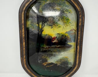 Antike Malerei auf Konvexen Blasenglas Ovalen Tiger Holzrahmen c. Um 1900