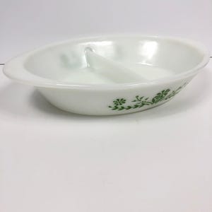 Vintage GLASSBAKE Green Daisy Oval Dish w/ separator 70s