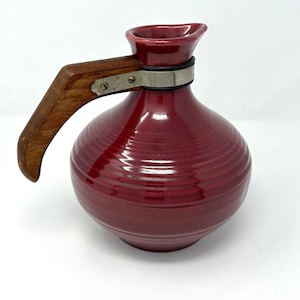 Vintage Bauer Pottery Red Burgundy Ringware Carafe Wood Handle Mid-Century 1940s
