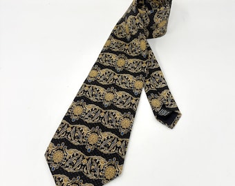Vintage Silk Tie: Black Gold Floral Scroll Tapestry, 1990s Metropolitan Museum Art