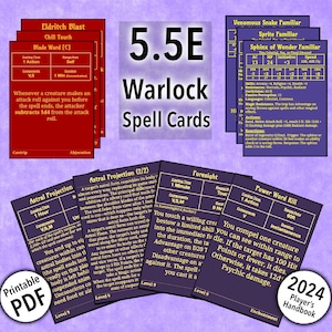 Cartas de Magia de Bruxo e Cartas Familiares de D&D 5.5e 2024 Manual do Jogador Todas as Magias de Bruxo Nível 1-9 PDF para impressão