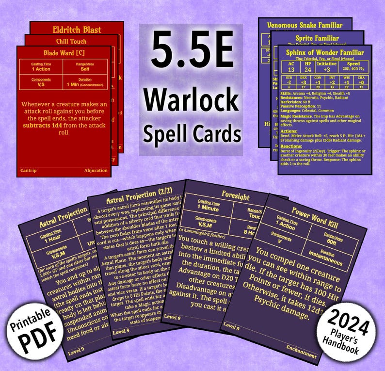 D&D Warlock Spell Cards and Familiar Cards 5.5e 2024 Players Handbook ...