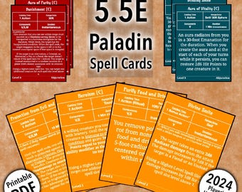 D&D Paladin Spell Cards 5.5e 2024 Players Handbook All Paladin Spells Level 1-5 Printable PDF