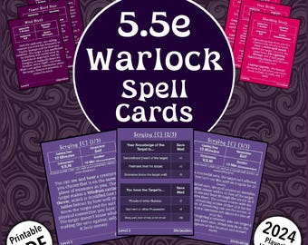 D&D Warlock Spell Cards and Familiar Cards 5.5e 2024 Players Handbook All Warlock Spells Level 1-9 Printable PDF