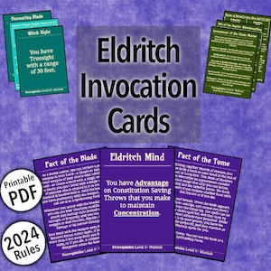 Könnte beinhalten: Ein Satz druckbarer PDF-Karten für ein Tabletop-Rollenspiel. Die Karten sind lila, grün und blau mit weißem Text. Der Text auf den Karten umfasst "Eldritch Invocation Cards", "Pact of the Blade", "Eldritch Mind", "Fact of the Tome", "Devouring Blade", "Witch Sight", "Gift of the Depths: Waterbreathing" und "Investment of the Chain Master".