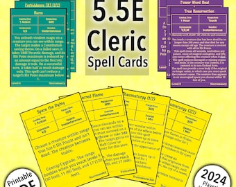 D&D Cleric Spell Cards 5.5e 2024 Players Handbook All Cleric Spells Level 1-9 Printable PDF