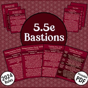 May include: A collection of fantasy role-playing game cards, featuring the title "5.5e Bastions" in a large, central font. The cards have various titles and descriptions, with a "Printable PDF" label in the bottom right corner. The year "2024" is also visible.