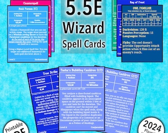 D&D Wizard Spell Cards 5.5e 2024 Players Handbook All Wizard Spells Level 1-9 Printable PDF