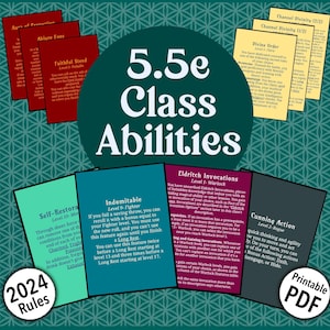 Op de afbeelding: Een verzameling kleurrijke kaarten met klassenvaardigheden voor een 5.5e tabletop-rollenspel. De kaarten bevatten teksten als "Indomitable" en "Eldritch Invocations", met een "Printable PDF" logo.