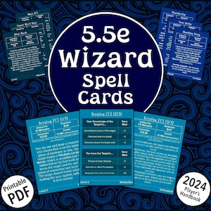 Manual del jugador de cartas de hechizos de mago de D&D 5.5e 2024. Todos los hechizos de mago de nivel 1 a 9 (PDF imprimible).