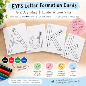 May include: A set of laminated EYFS letter formation cards featuring capital and lowercase letters with numbered stroke guides. The cards display letters A, d, K, and k. Includes colour options of black, red, green, and blue ink markers.