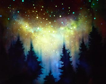 暗闇で光る絵画 | 星空とピンク紫色に輝く夜空 - Etsy 日本