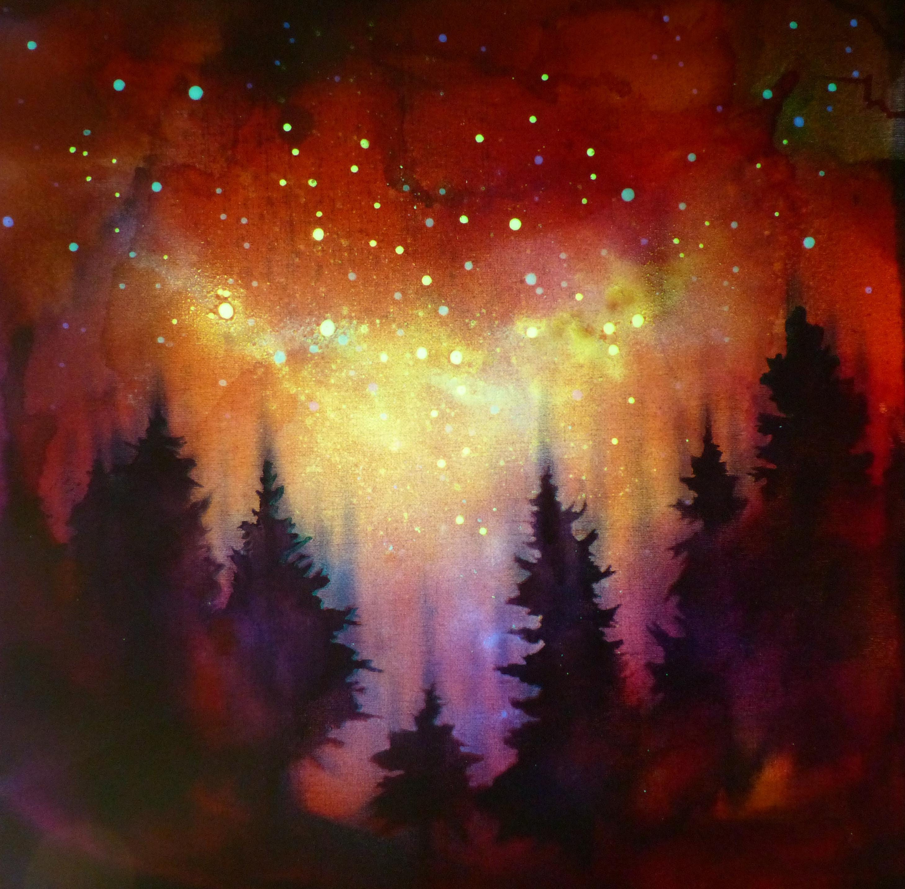 暗闇で光る絵画 | 星空とピンク紫色に輝く夜空 - Etsy 日本