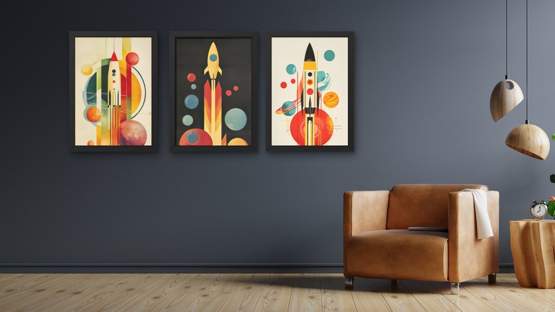 Rocket Launch Poster Set of 3 Contemporary Art Deco Wall Art Science ...