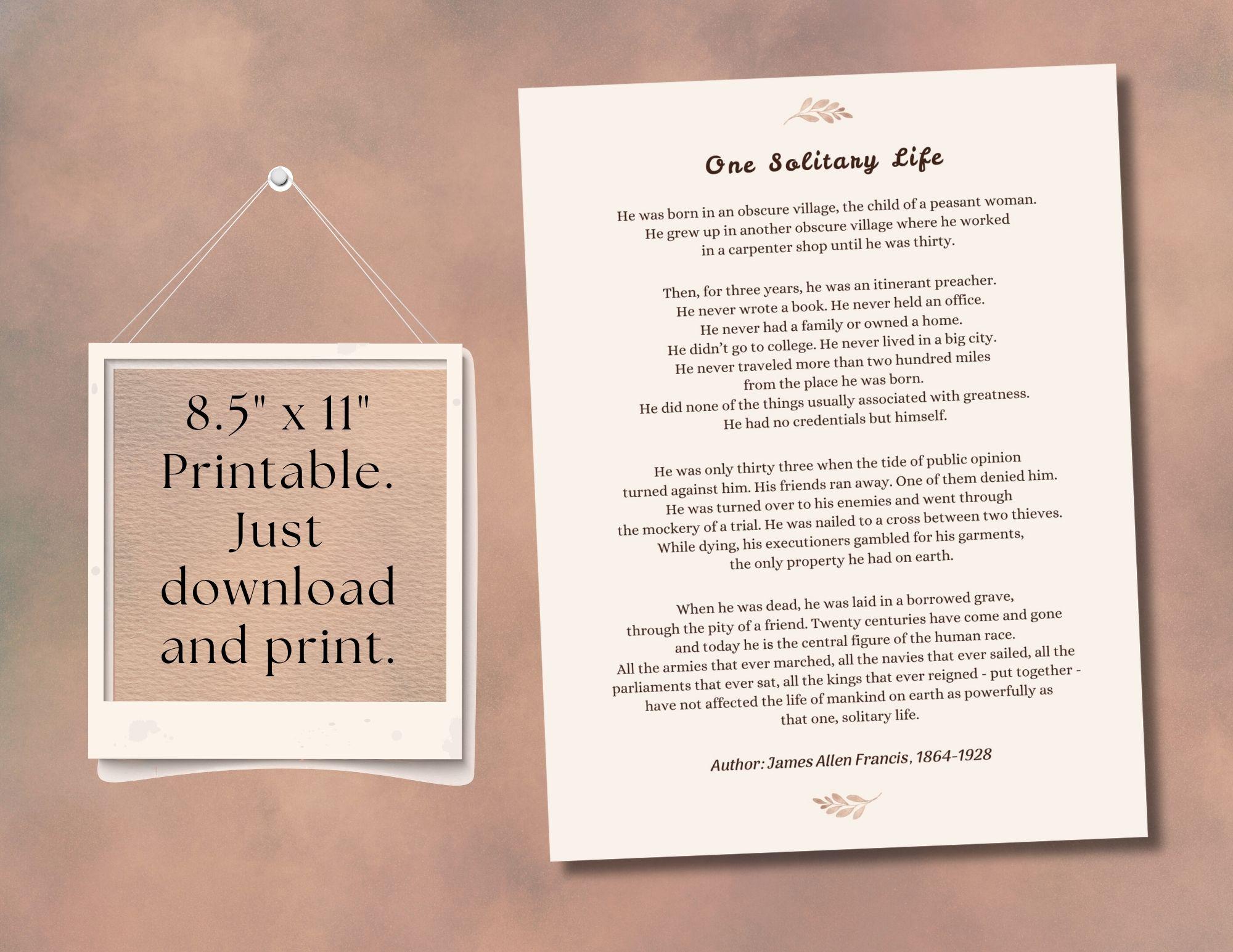 printable inspirational poem, "one solitary life", christian poetry,  christmas poem, inspirational poem, christian printable, printables