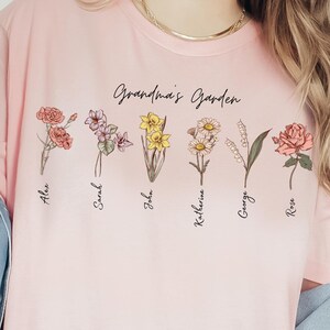 Personalized Grandma&#39;s Garden Birth Flowers with Grandkids Names, Custom Birthday Gift for Grandma Birth Flower Tee, Custom Mothers Day Gift