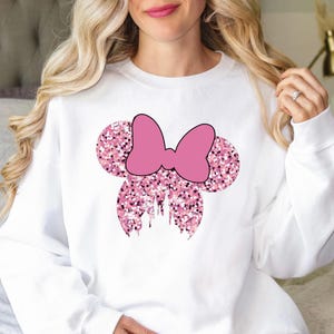 Disney Minnie Glitter Sweatshirt, Cute Disney Ears Sweatshirt, Coquette Pink Disney Sweater, Disneyland Sweatshirt, Pink Bow Disney Sweater