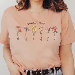 Personalized Grandma&#39;s Garden Birth Flowers with Grandkids Names, Custom Birthday Gift for Grandma Birth Flower Tee, Custom Mothers Day Gift