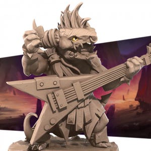 May include: A brown and tan miniature figurine of a lizard-like creature playing an electric guitar. The creature has a spiky mohawk and is wearing a long, flowing robe. The guitar is a classic electric guitar shape with a black body and silver hardware.