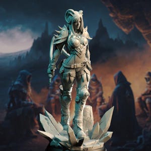 May include: A gray, detailed miniature figurine of a female warrior with horns, wearing armor and holding a sword. The figurine is standing on a base made of crystals.