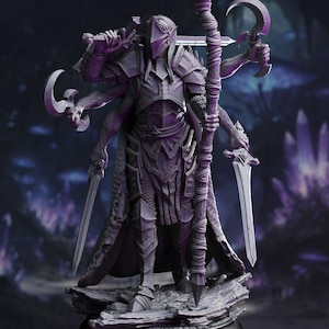 May include: A purple-toned fantasy figurine of a multi-armed warrior wearing intricate plate armor. The figure has four arms, each holding a different weapon, including two swords, a curved blade, and a long staff. It stands on a rocky base.