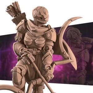 May include: A detailed, tan-colored figurine of a futuristic archer. The archer is clad in armor, holding a bow and arrow, with a quiver of arrows on their back. The figure has a helmet and a flowing cape, with a purple and white background.