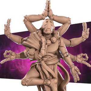 May include: A tan-colored, multi-armed robot figure in a meditative pose. The figure has a detailed design with multiple arms, a head with a visor, and a draped garment. The robot is in a seated position with its hands in various mudras.