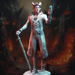 May include: A gray 3D printed figurine of a man with horns, wearing a long coat and holding a staff. He is standing on a round base.