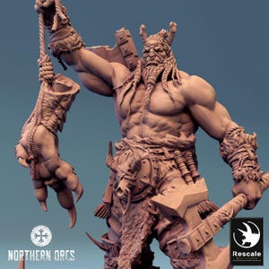 May include: A detailed, brown miniature figure of a muscular orc warrior. The orc has braided hair, a long beard, and is holding a large axe and a severed claw. The figure is from the "Northern Orcs" miniature series.