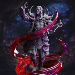 May include: A detailed figurine of a male elf with pointed ears, wearing ornate armor and a flowing cloak. The figure is surrounded by a swirling, red, ribbon-like effect, with arms outstretched. The color palette is primarily gray and red.