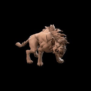 May include: A tan-colored, stylized sculpture of a snarling, muscular hyena. The hyena is depicted in a dynamic pose, with its mouth open, revealing teeth. The sculpture has a textured mane and tail, set against a black background.