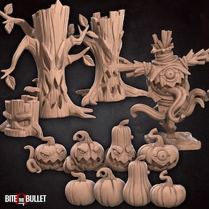 May include: A collection of unpainted, light brown 3D-printed models. The set includes stylized trees, a scarecrow figure, and various carved pumpkins. The text "BITE THE BULLET" is visible in the lower left corner.