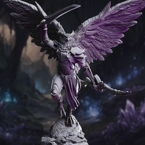 May include: A purple and gray fantasy figurine of an owl-headed warrior with large feathered wings, holding a sword aloft. The figure is clad in armor and stands on a rocky base, with a weapon in its other hand. The background is a blurred, dark landscape.