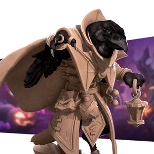 May include: A detailed illustration of a humanoid crow character wearing a tan cloak and holding a lantern. The character has black feathers, a beak, and is posed with a clawed hand extended. The background suggests a fantasy or Halloween theme.
