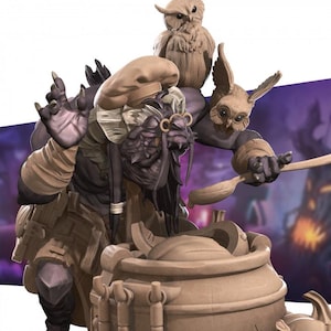 May include: A fantasy creature wearing a chef's hat and glasses stirs a large pot with a wooden spoon. Two owls, one perched on the creature's shoulder and one on its head, watch the cooking process.