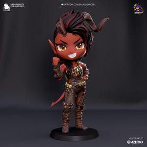 May include: A red and black chibi figurine of a female character with horns, a tail, and a fierce expression. She is wearing leather armor and holding a fist up in the air.